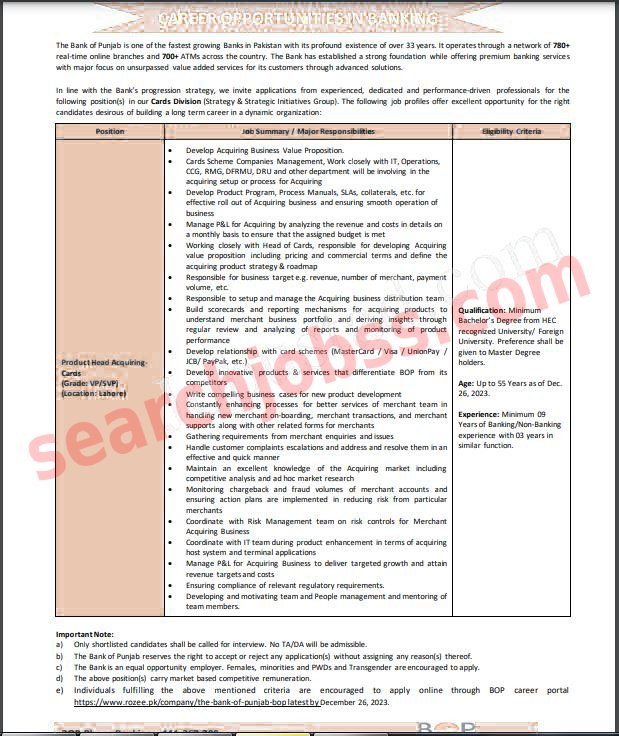 Latest BOP Lahore Branch Jobs December 2023 Apply Online