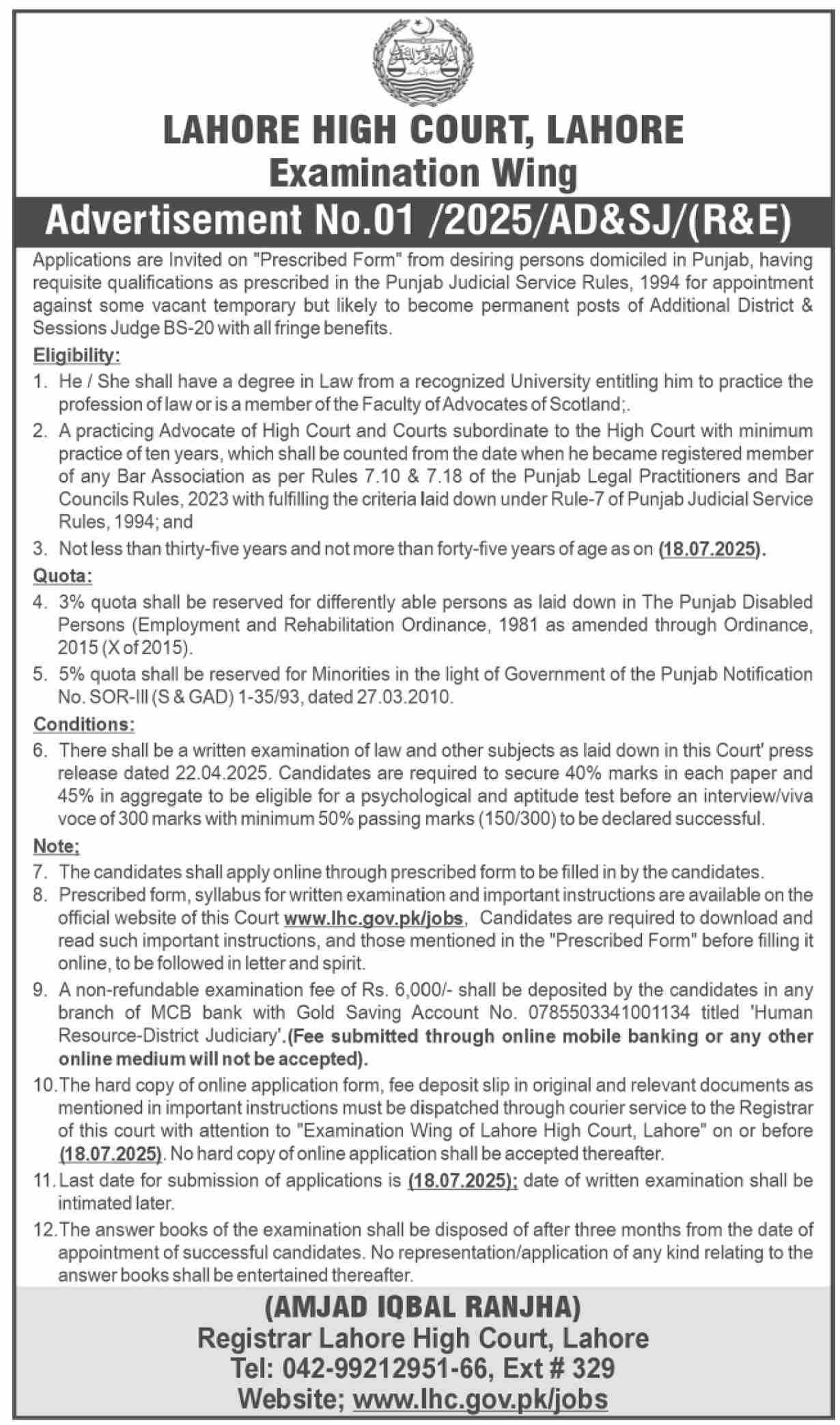 Lahore High Court LHC Jobs 2025 Apply Online for Additional District Session Judge